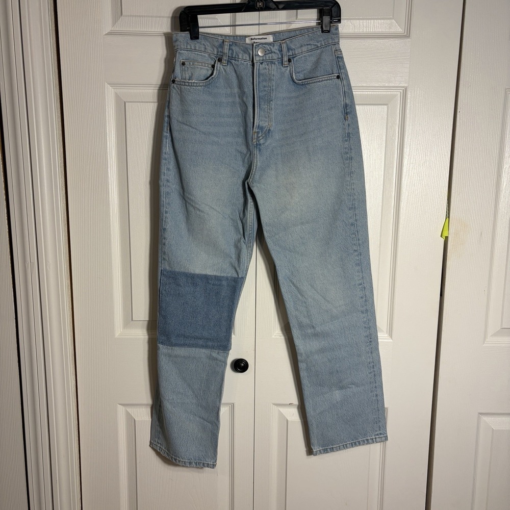 Reformation Cynthia Patch High Rise Straight Jeans  Women 27 Tahoe Wash Denim